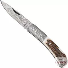 Damaszt zsebkés agancs markolattal 8 cm pengével