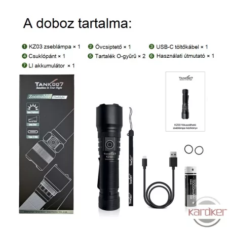 TANK007 extra erős, tölthető LED zseblámpa 7 funkcióval